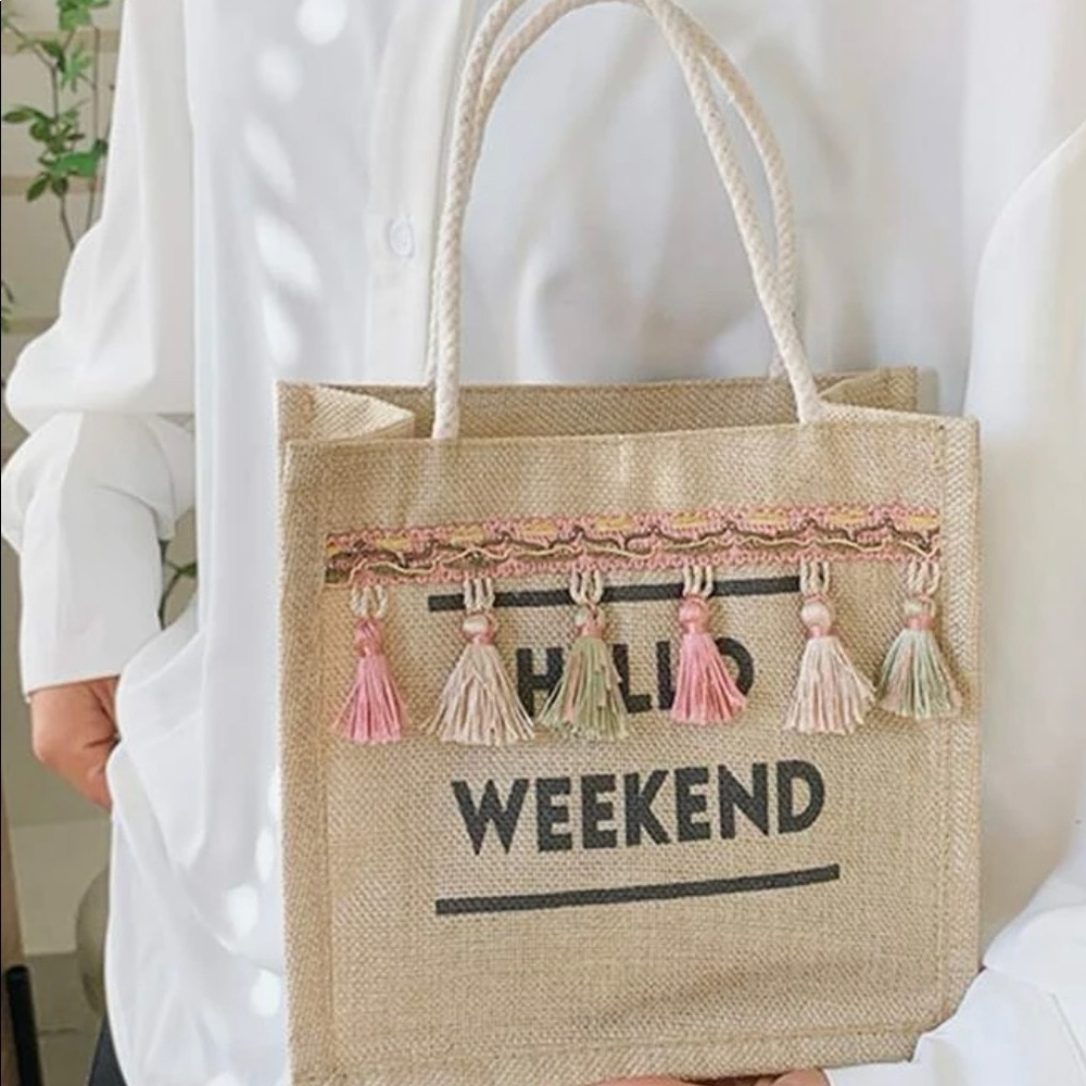 Hello Weekend Tassel Canvas Mini Tote Bag